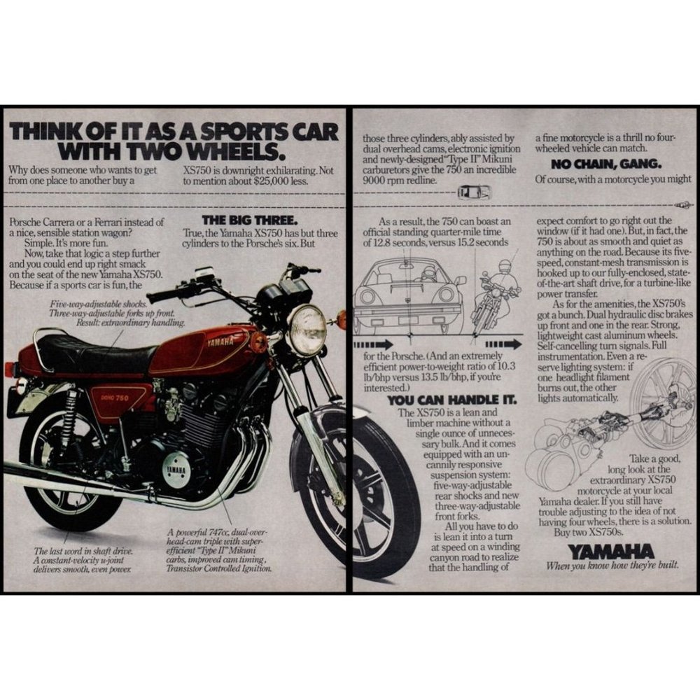 1978 Yamaha XS750 Motorcycle Cruiser 2 Page Vintage Print Ad Wall Art Photo